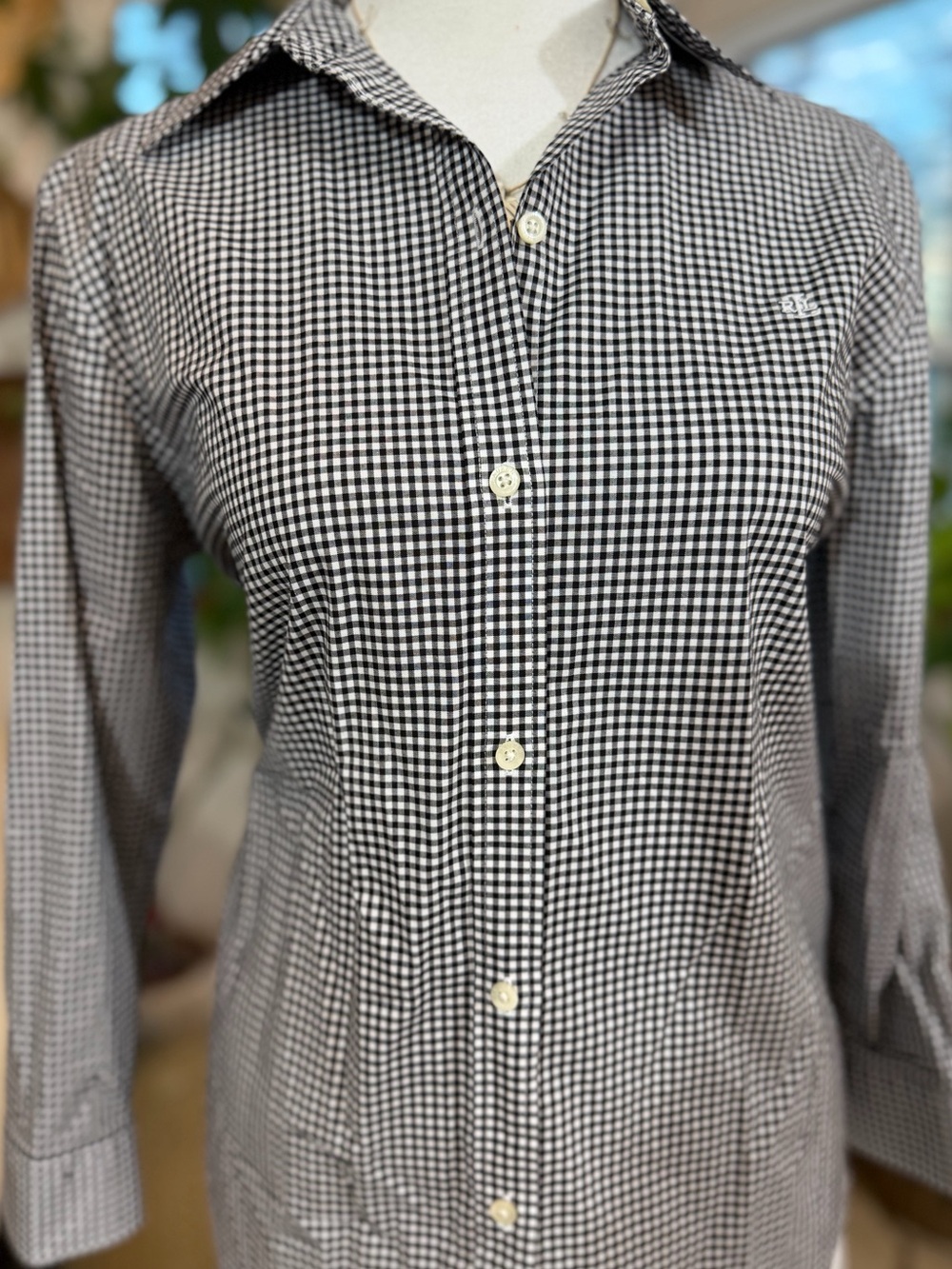 Lauren Ralph Lauren GINGHAM Button Up Shirt Top Black White Cotton Size S Preppy - Picture 4 of 10